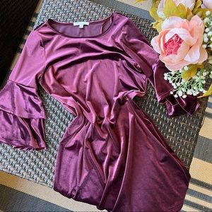 GREEN ENVELOPE | Velvet Eggplant Tiered Ruffle Sleeve Dress